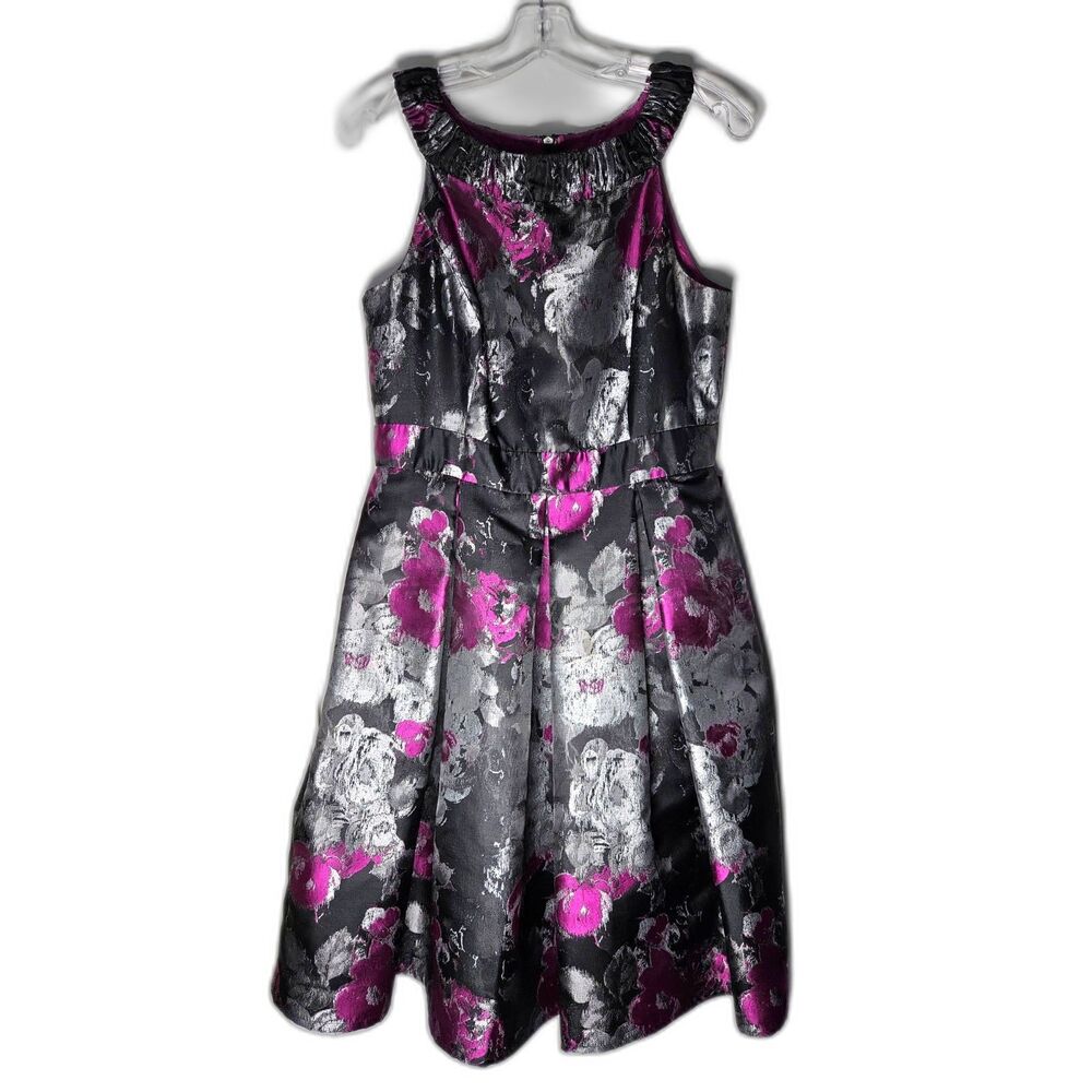 Muse Floral Brocade Jacquard Party Dress Magenta Silver Grey Sleeveless Size 10